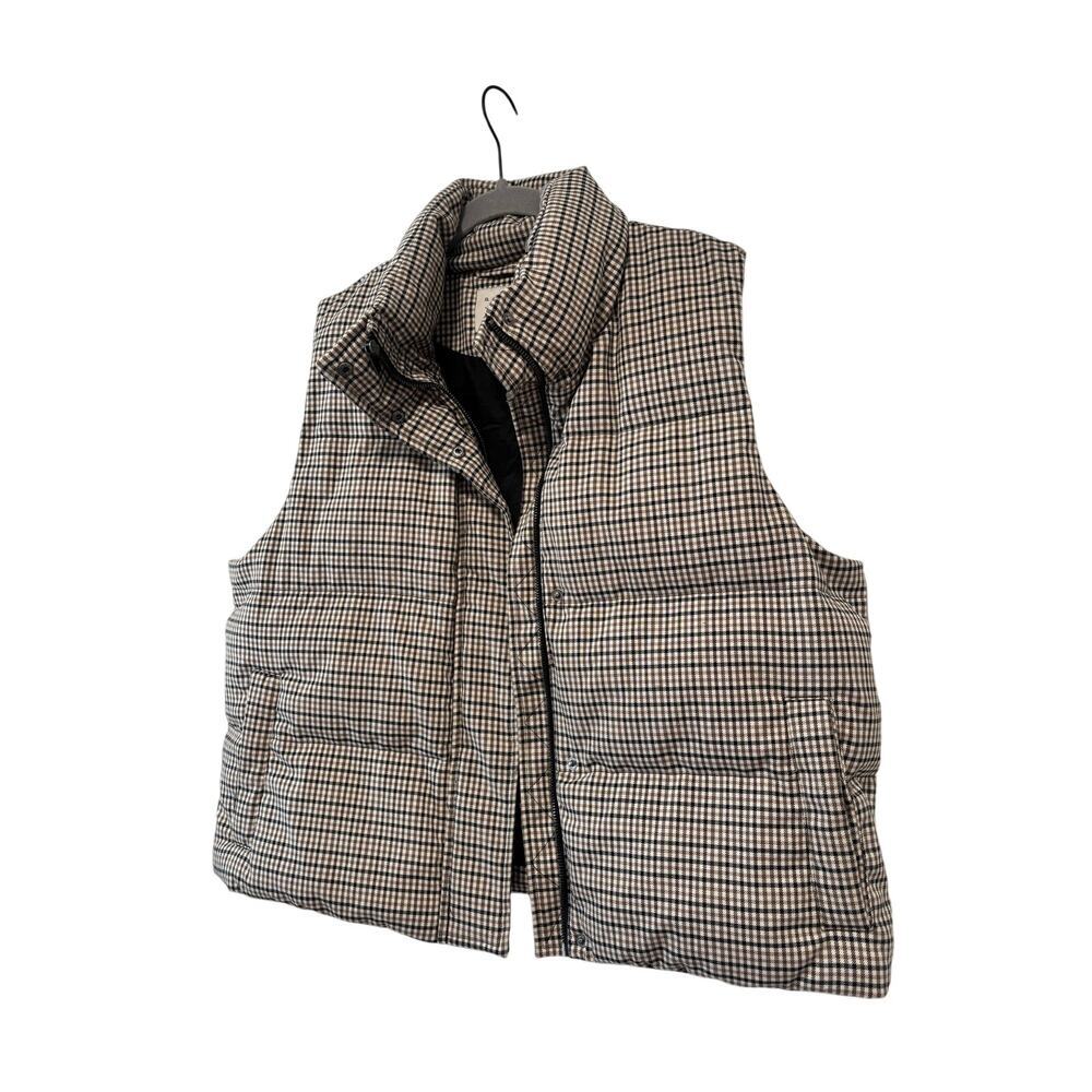 A New Day Women’s Plaid Puffer Vest Beige Brown Black Quilted Snap Zip Jacket - Picture 4 of 9